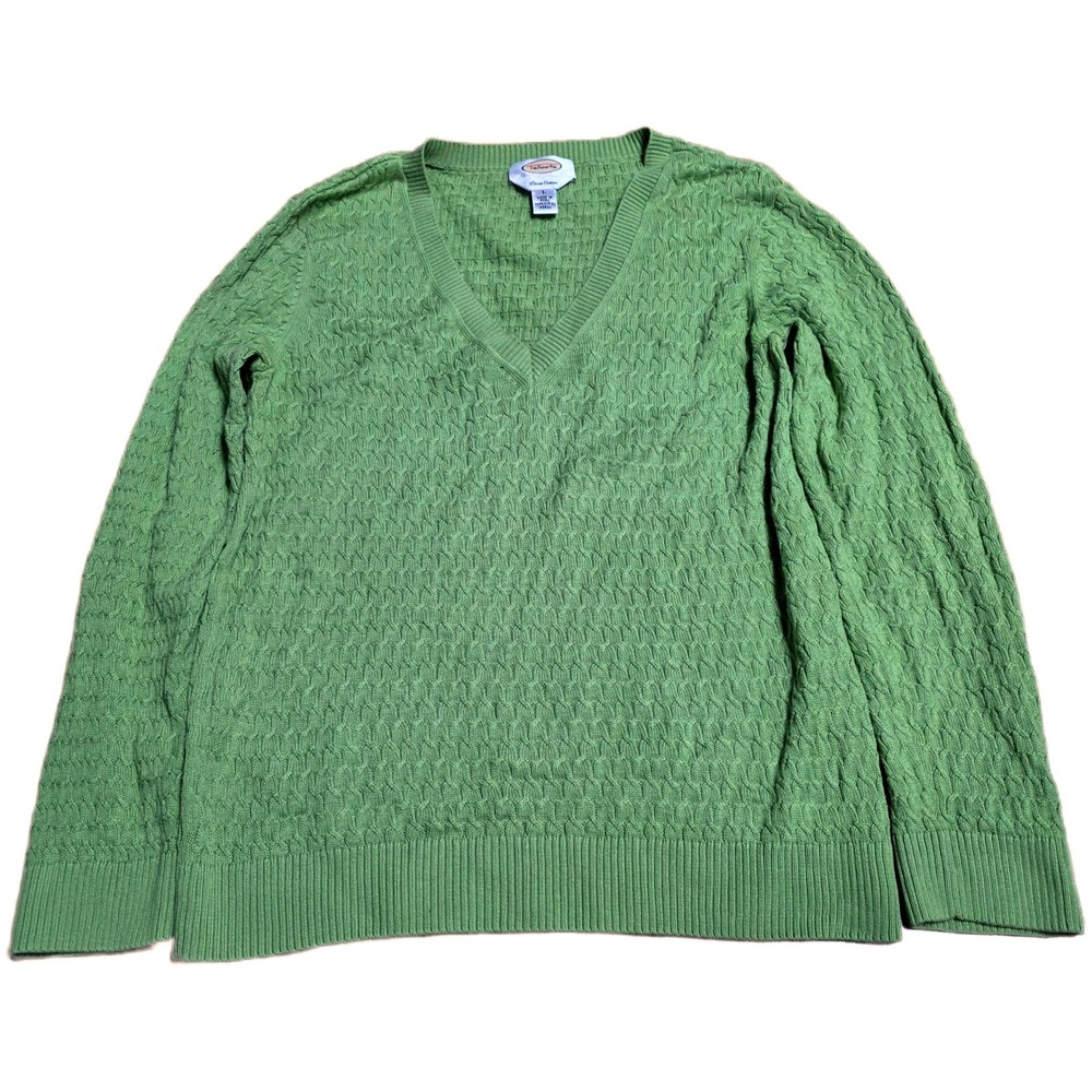 Talbots Pima Cotton V‎ Neck Sweater Women's Size L Green Cable Knit